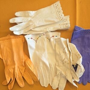 Vintage Leather Gloves Set in White, Orange, and Purple